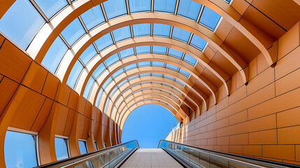 Fototapeta premium Modern Beige Architectural Tunnel with Escalator and Archways