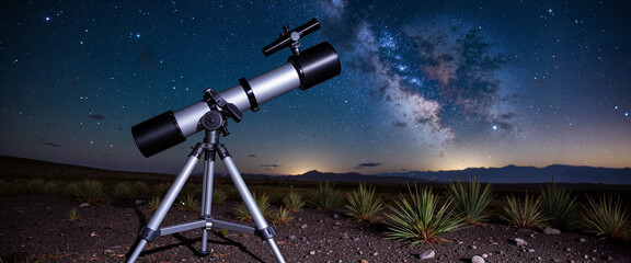 Sleek telescope gazing at starry Milky Way night sky, cosmic exploration