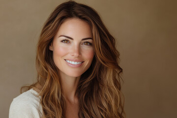 Fototapeta premium Woman with long brown hair wearing white sweater, smiling amid colorful flowers in a blooming garden.