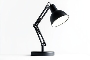 A black adjustable desk lamp with a wide shade, illuminating a white background.