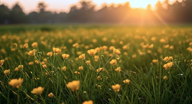 Wildflowers with vibrant yellow petals flourish across a grassy field during the golden hour. The sun sets, casting a warm glow and illuminating the blossoms beautifully