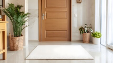 Modern entryway with white rug.