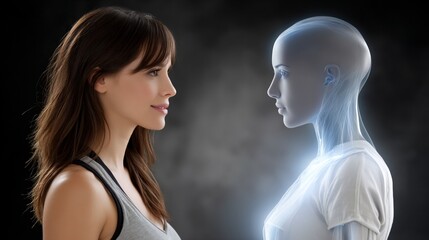 Woman gazes at ethereal humanoid robot, gray shirt, dark blurred background
