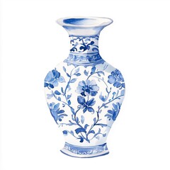 A watercolor illustration of an ornate blue and white chinoiserie-patterned vase