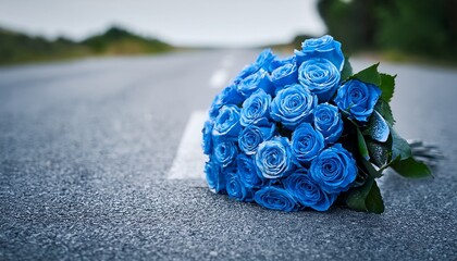bouquet of blue rose lying on grey road outdoor