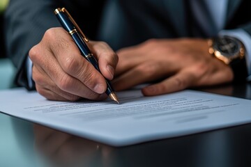 A businessman meticulously signs a legal document using an elegant fountain pen.