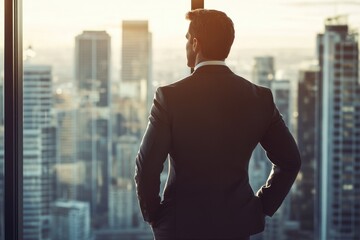 Obraz na płótnie Canvas A businessman in a suit stands before a panoramic city view, contemplating the future with hands in pockets.