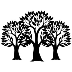 Obraz premium Three stylized trees in silhouette, with many branches and leaves, against white