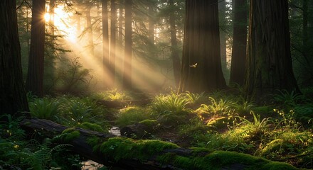 Golden sunlight filters through towering redwoods in a serene forest at dawn. Soft green ferns blanket the ground, enhancing the tranquil beauty of this natural setting
