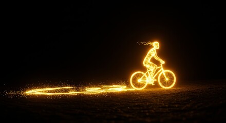 Obraz premium Silhouette of a cyclist emits radiant golden light trail on dark terrain