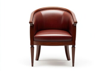 Naklejka premium Elegant burgundy leather armchair with dark wood frame, classic design.