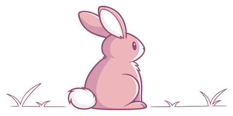 Cute Pink Bunny Sitting on Grass Vector Image Graphic Art Illustration of Easter