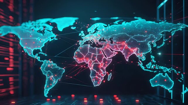 Futuristic Digital World Map with Network Connections, Highlighting Data Flow and Global Connectivity in Neon Colors

