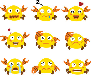 Obraz premium A colorful cartoon crab displaying a variety of facial expressions, including happy, sad, angry, and sleepy.