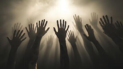 A dramatic scene of raised hands silhouetted against a light source, conveying emotion and unity.