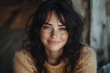 Woman with long hair and sweater, sitting on a park bench, reading a book with a content expression, surrounded by colorful autumn leaves.