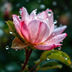 Fototapeta premium Close up of pink flower with dew drops on petals
