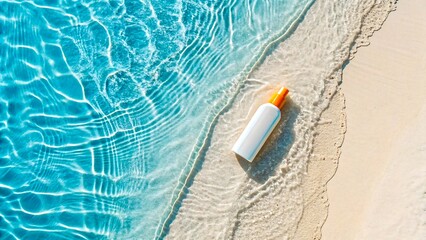 Sunscreen lotion bottle with orange cap on sandy beach near clear blue sea water in summer sunlight
