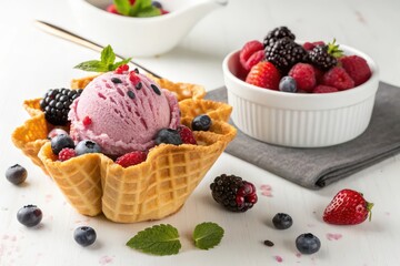 Ice cream of berry in a basket of waffle