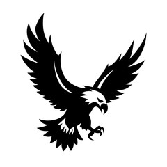 Fototapeta premium Black vector silhouette illustration of a flying eagle, a majestic bird with powerful wings in flight, a symbol often used in tattoo design