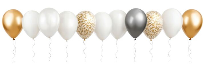 Gold, White and Silver Balloons Row, Isolated on Transparent Background, Party Decoration, Celebration, balloons, party, design