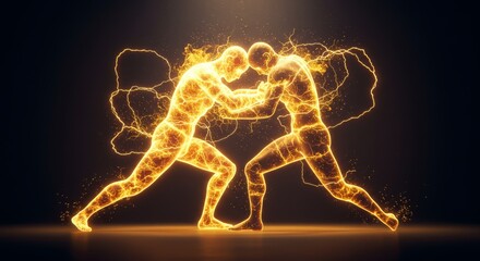 Energetic Wrestling Duel: Two Luminescent Figures Locked in Dynamic Contest