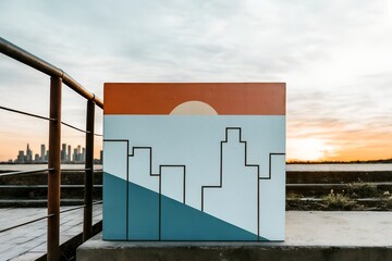 Two-Tone Minimalist City Skyline Painting at Sunset Geometric Art with Vibrant Colors