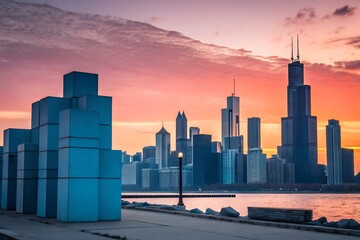 city skyline at sunset