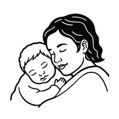 Monochromatic vector illustration of mother holding sleeping baby in peaceful embrace depicting maternal love