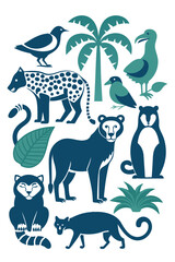 Tropical Animals Illustration: Jungle Birds, Cat, Bear, Raccoon