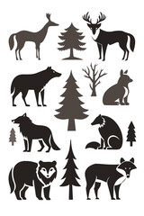 Wild Animals and Trees Vector Silhouettes Collection