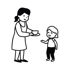 Mother offers drink to child line art illustration minimalist style depicting family