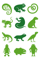 Green animal silhouettes: frogs, lizards, and abstract shapes