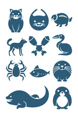 Obraz premium Animal Icons Collection in Blue on White Background