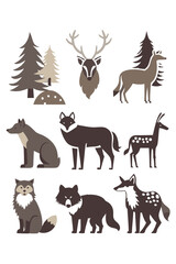 Elegant forest animals vector illustration, deer, wolf, trees