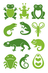 Green Amphibians and Reptiles Silhouettes: Frogs, Lizards Collection