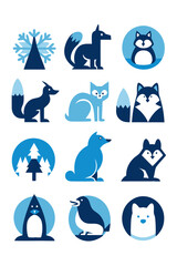 Winter Animals Icons Set in Blue Tones