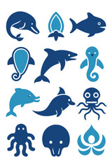 Obraz premium Blue Silhouette Aquatic Animal Logos Featuring Dolphin, Shark, Octopus