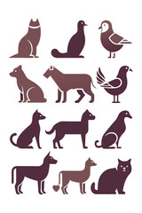 Silhouette animals: Cat, Dog, Bird Vector Illustration Set