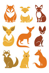 Variety of stylized fox illustrations, different poses and colors