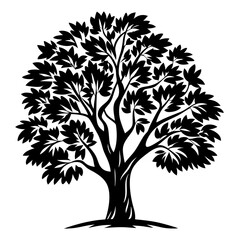 Detailed silhouette of a deciduous tree with dense foliage in black