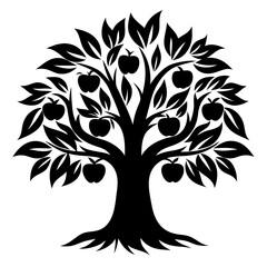 Black and white apple tree full of fruit a simple graphic illustration