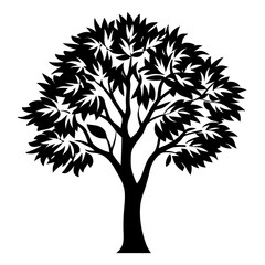 Obraz premium Black silhouette of a lush tree with leaves on white background