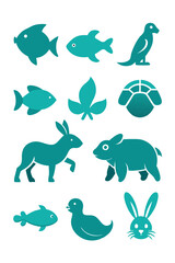 Aquatic and Land Animal Icon Collection, Turquoise Color