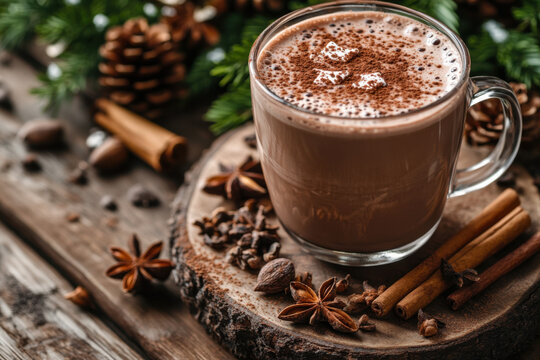Steaming hot chocolate topped with cinnamon and spices.
