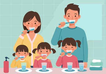 Flat illustration of Happy family brushing their teeth together in the bathroom. Morning or evening dental hygiene routine