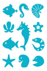 Cute Blue Cartoon Ocean Animals, Fish and Seahorse