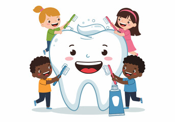 Vector cartoon illustration image of cheerful children brushing a big tooth with toothbrushes. Dental health education for young kids