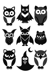 Halloween owl illustrations set, spooky vector artwork compilation