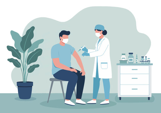 Healthcare worker administering a vaccine to a patient wearing a face mask. Immunization and vaccination concept